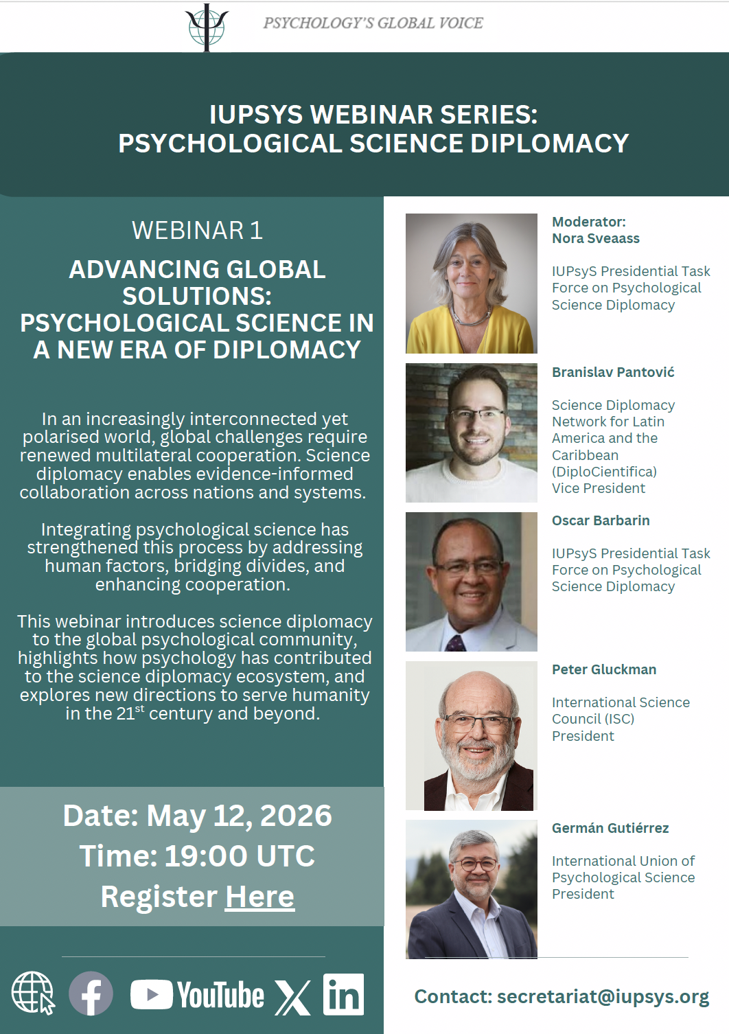 IUPsyS Webinar: Advancing Global Solutions through Psychological Science Diplomacy, May 12, 19:00 UTC