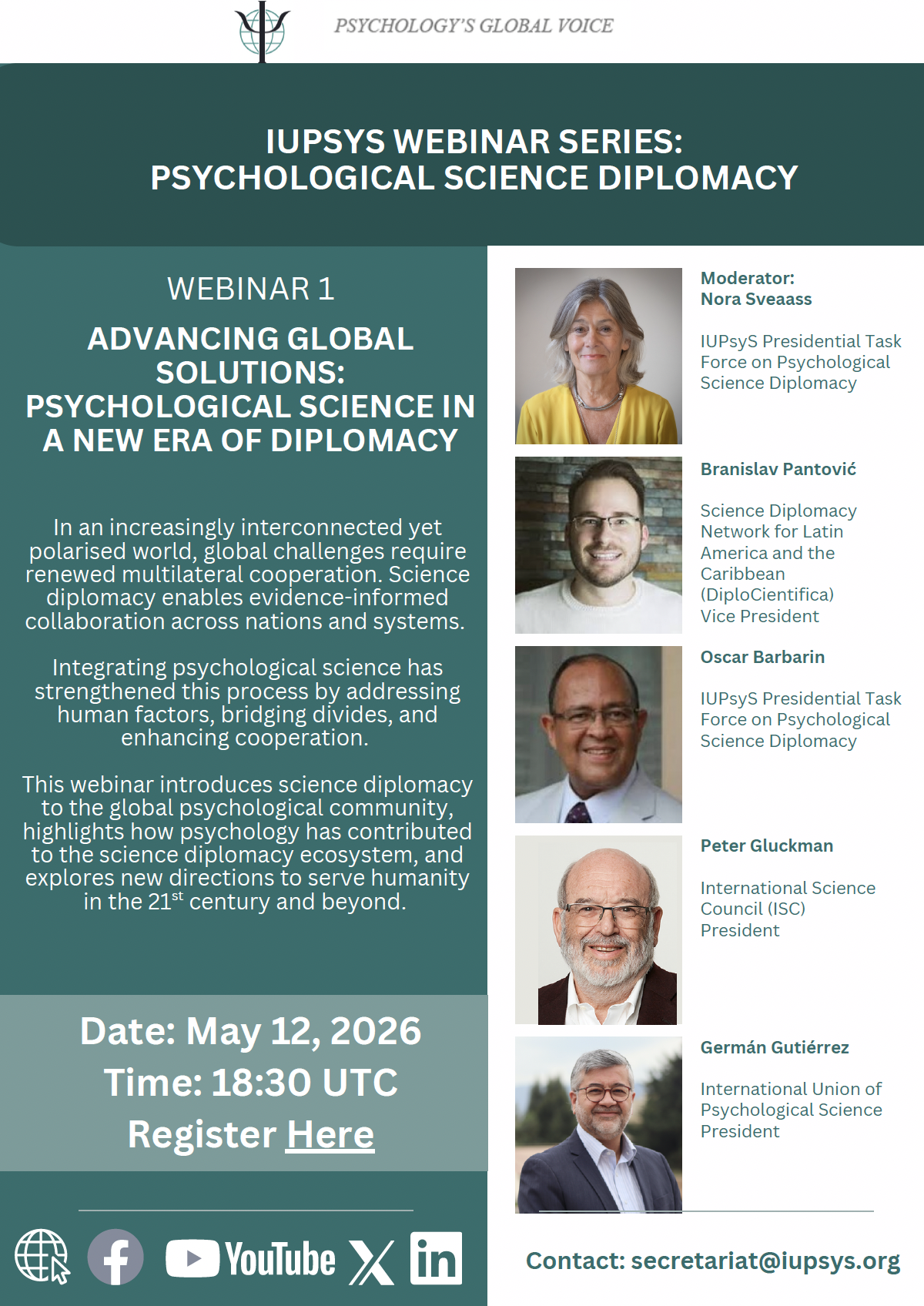 IUPsyS Webinar - Advancing Global Solutions: Psychological Science in a New Era of Diplomacy - May 12, 2026, 18:30 UTC